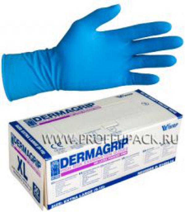 Перчатки латексные синие DERMAGRIP ХL 25/кор.